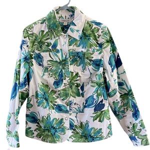 Coldwater Creek Women’s Jacket White Green Blue Floral stretch 2 front p…